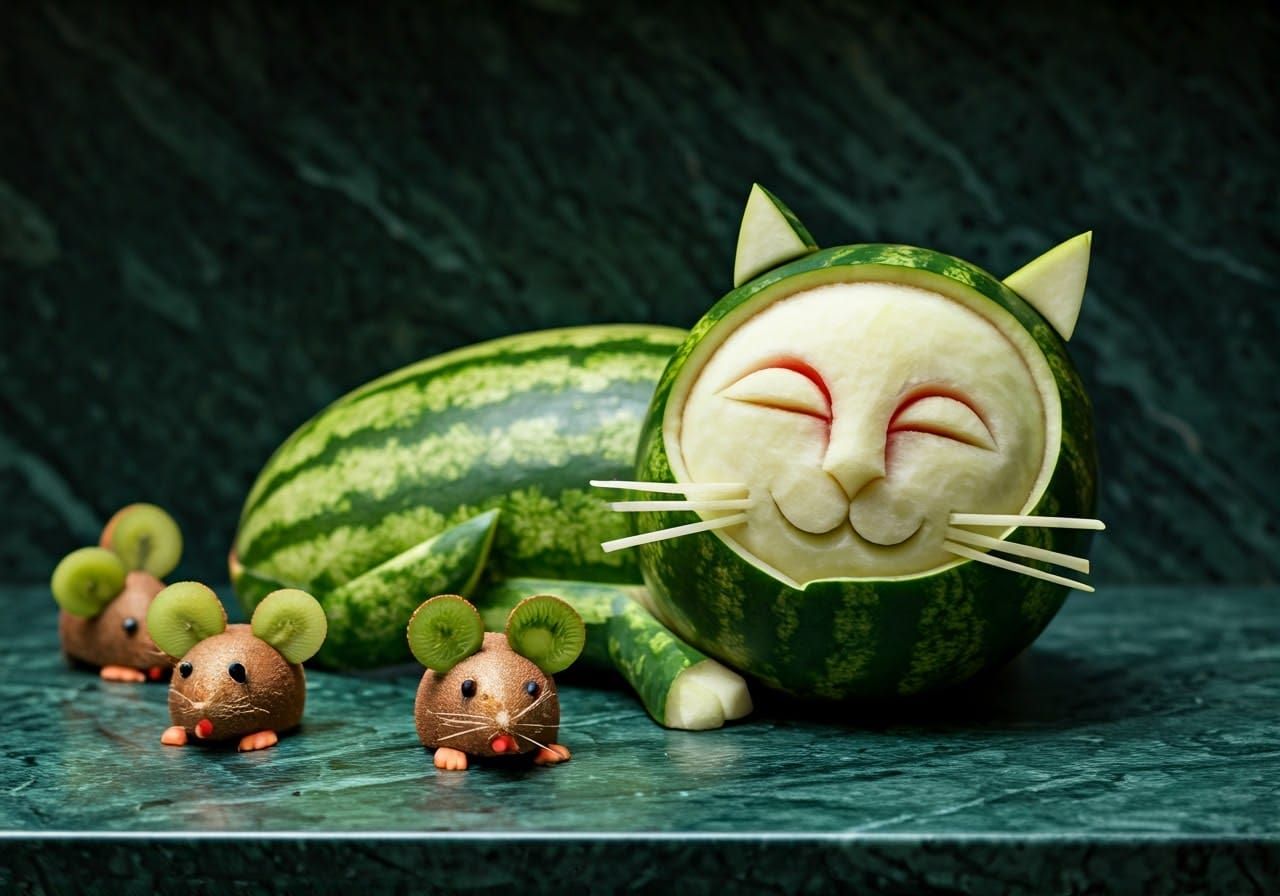 Whimsical Watermelon Cat Sculpture with Kiwi Mice