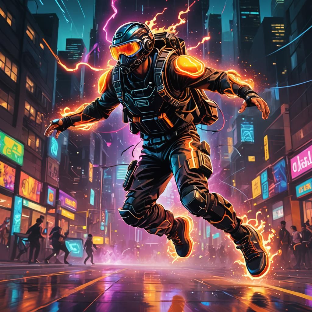 Neon Basketball Player with Jetpack in Futuristic City