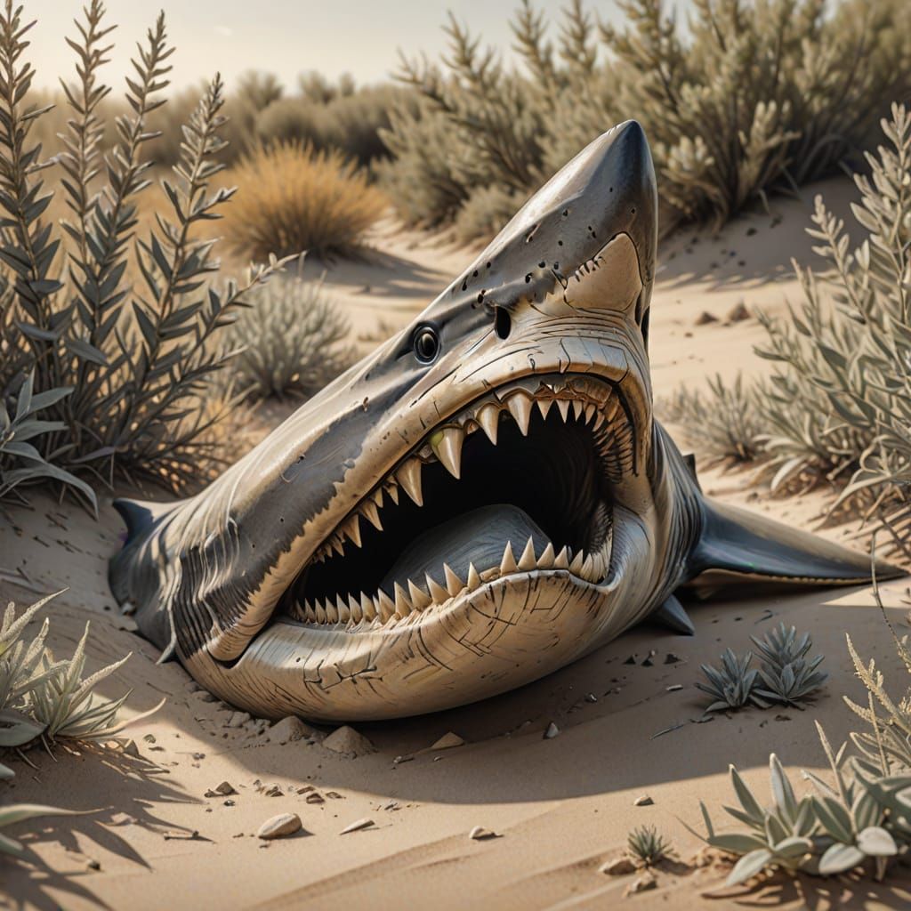 Detailed Pencil Drawing of a Shark Tooth in the Desert