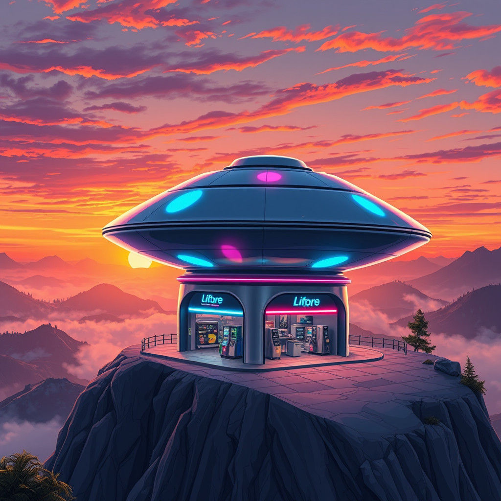 Futuristic UFO Gas Station at Mountain Peak