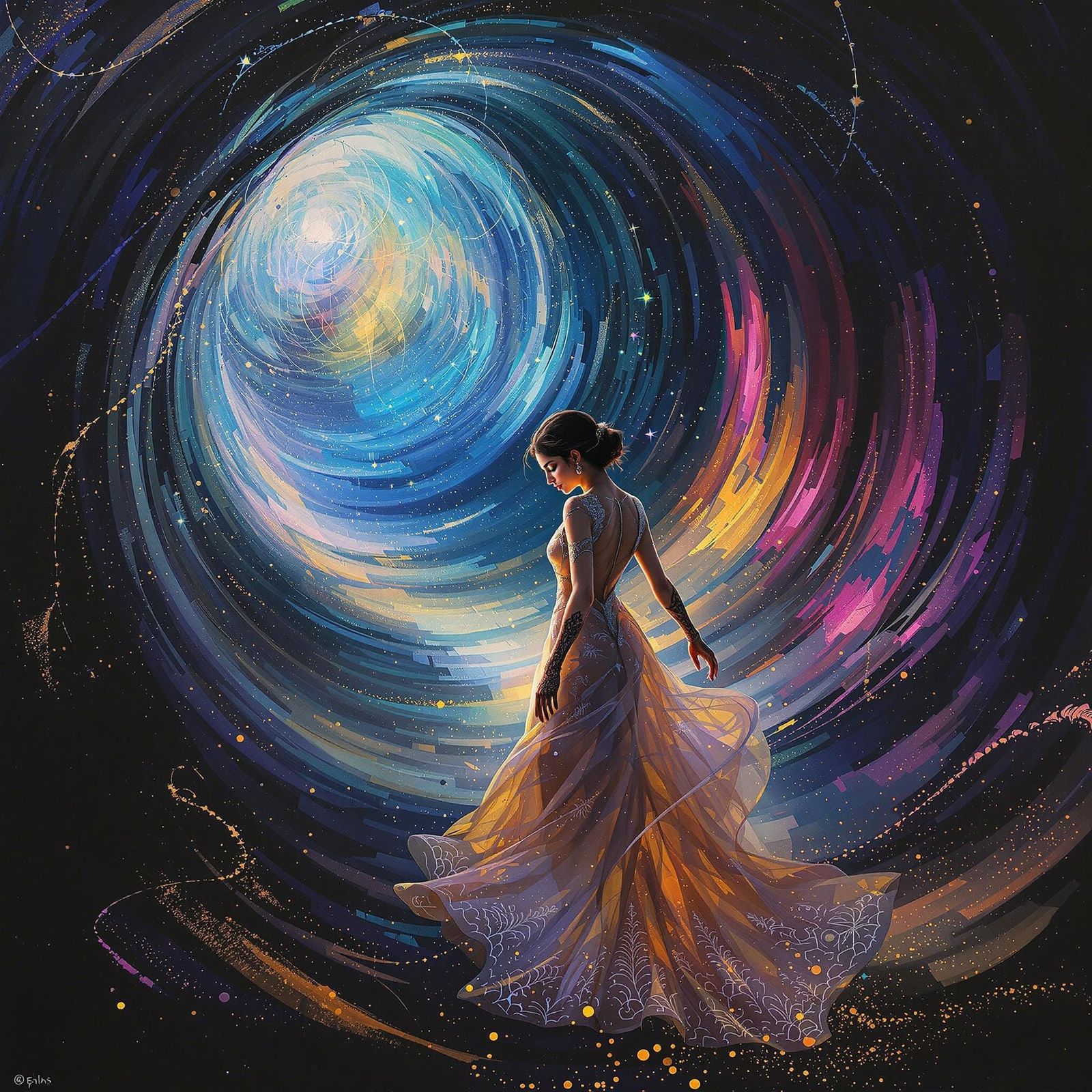 Woman at Shimmering Tunnel Threshold in Digital Art