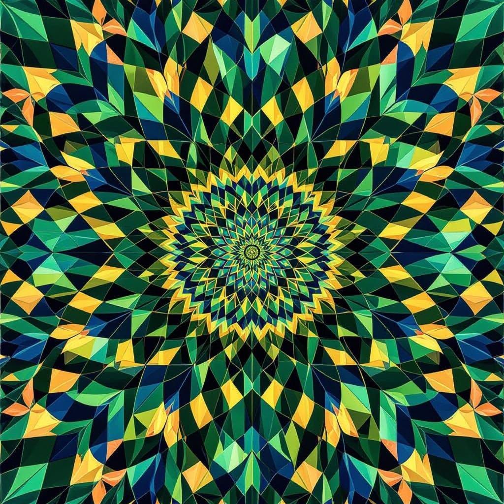 Emerald, Cobalt, and Gold Hues in Optical Illusion Art