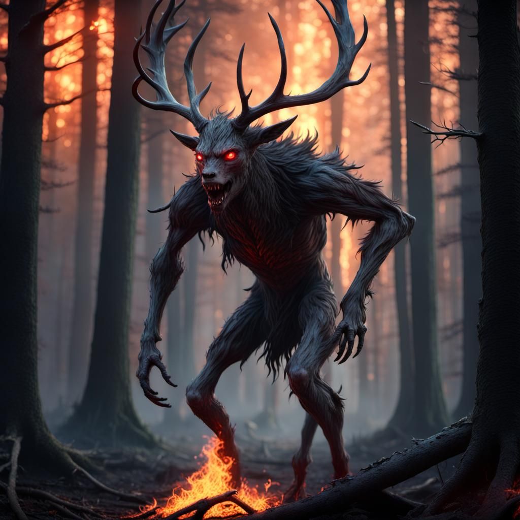 Epic Wendigo in Burning Forest: Hyperrealistic Horror