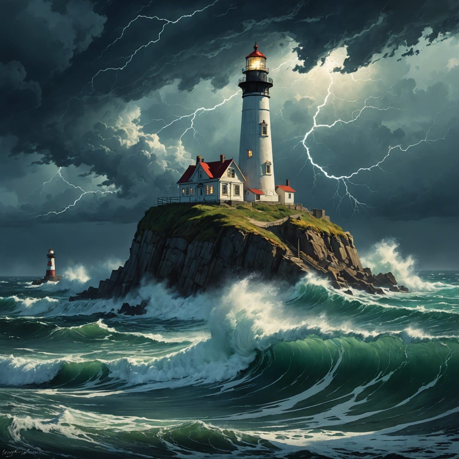 Coastal Storm: Lightning and Lighthouse in Maximalist Style