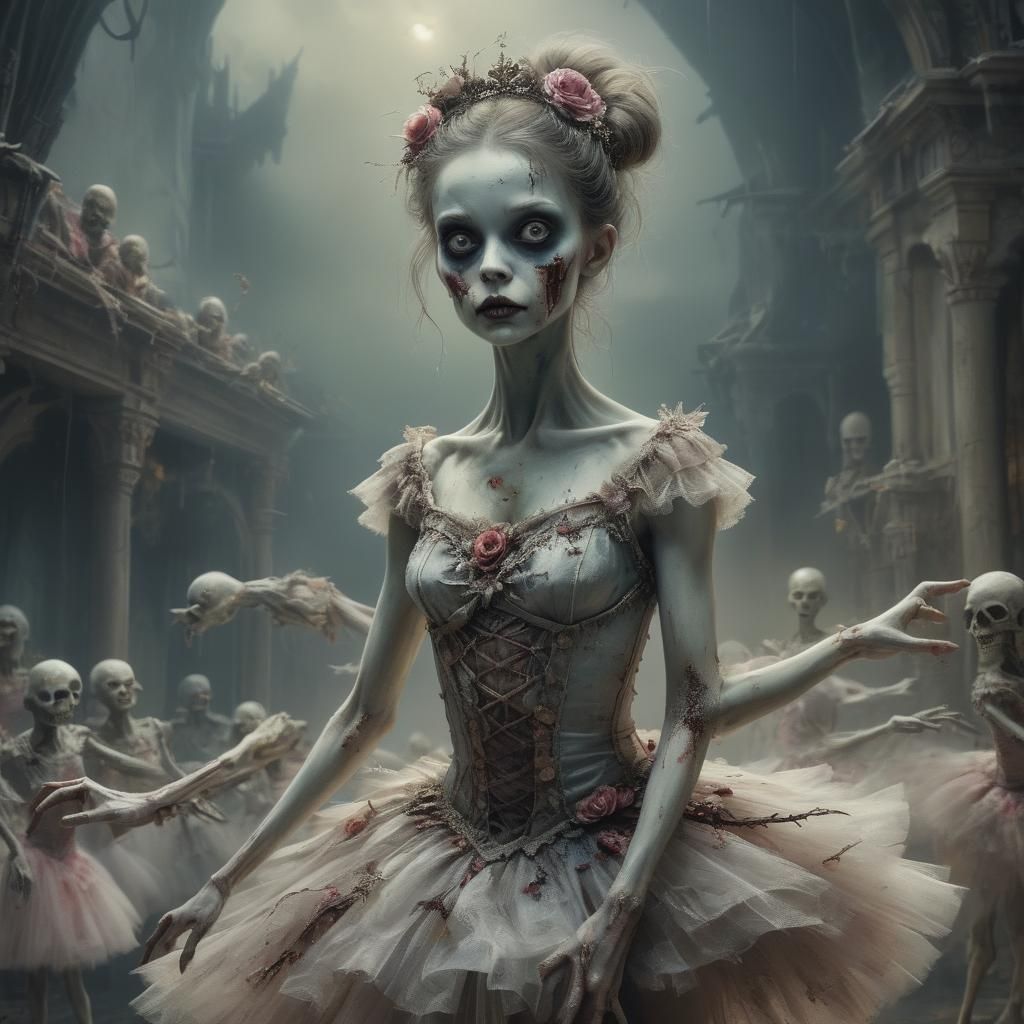 Zombie Ballerina Portrait in Arthur Rackham Style