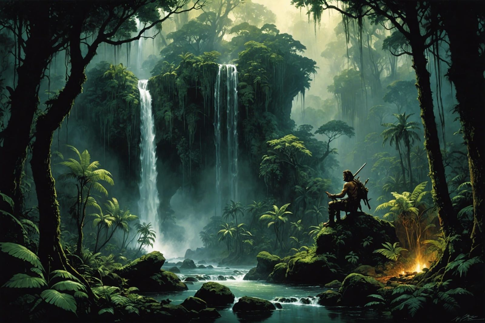 Rainforest Waterfall: Sfumato Chiaroscuro Matte Painting