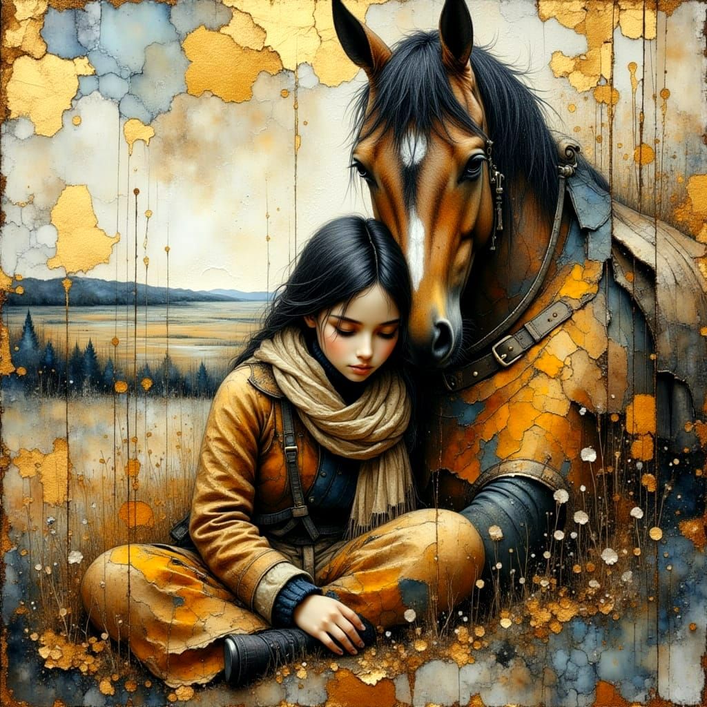 Girl and Horse: Sad Goodbye in Impasto Style