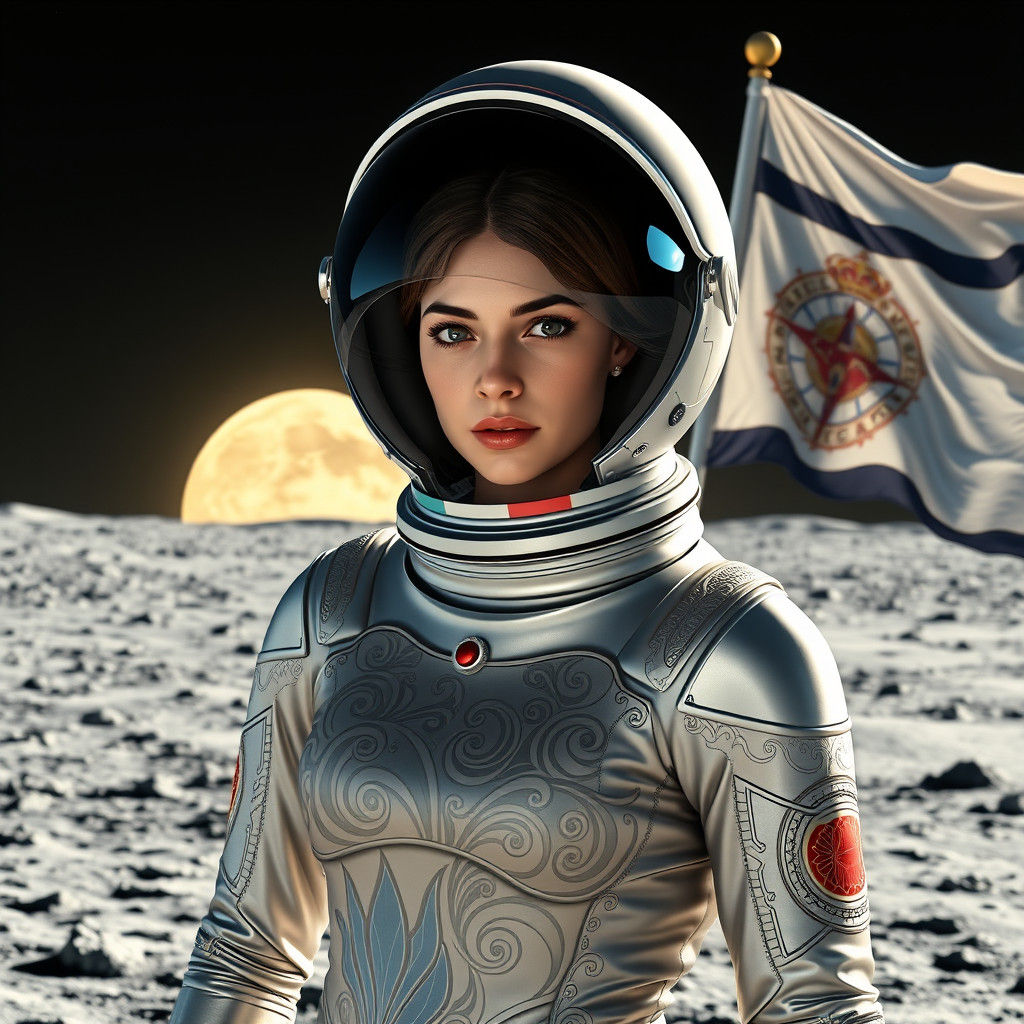 Astronaut Bella on the Moon in Art Nouveau Style