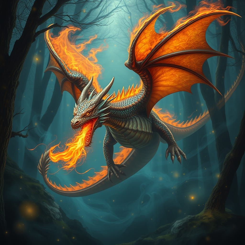 Dragon in Mystical Forest, Surrealist Dreamscape