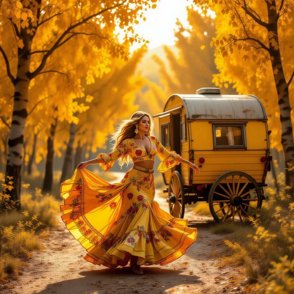 Golden Gypsy Flamenco Dancer in Autumnal Forest
