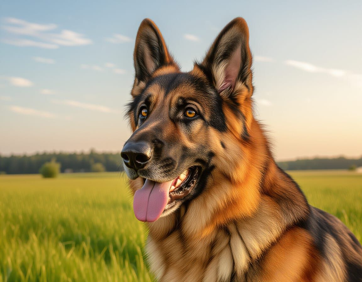 German Shepherd Head in Scenic Country Landscape