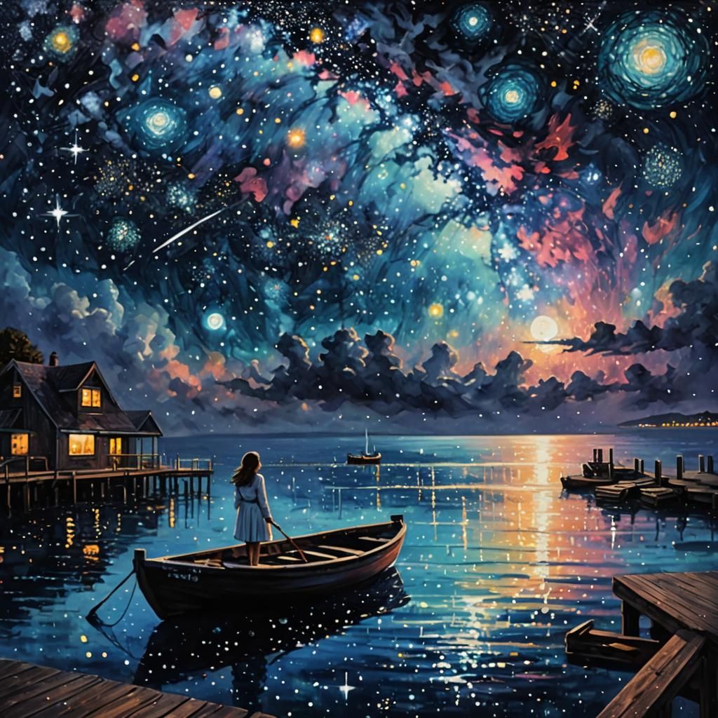 Starry Girl Painting a Galaxy in Pointillism