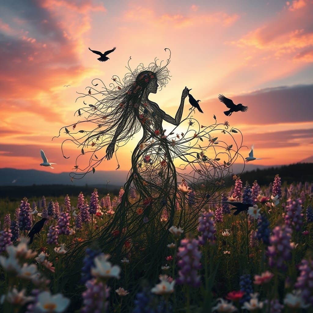 Surreal Eco-Art Sculpture in Lupinus Flower Field