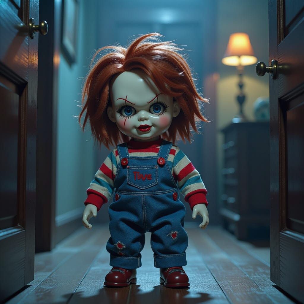 Creepy Chucky Doll Lurking in Shadows