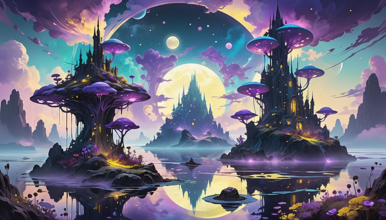 Ethereal Alien Landscape with Floating Islands, Art Nouveau