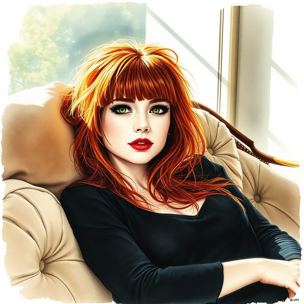 Watercolor and Ink Portrait of Lounging Auburn-Haired Woman