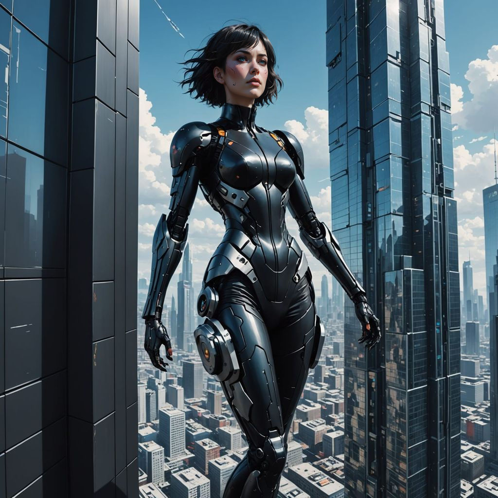 Female Cyborg Falls From Skyscraper in 3D Anime Style