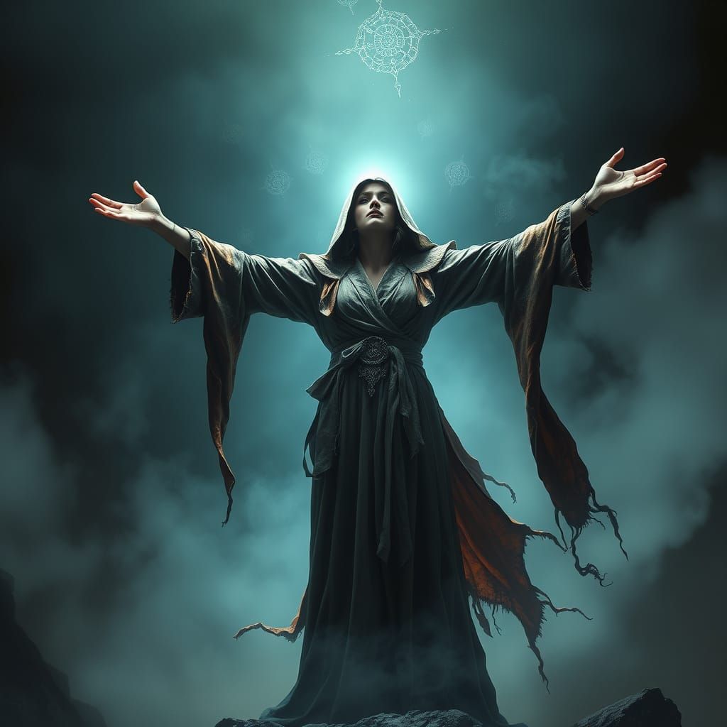 Victorious Mystic Shatters Dark Eerie Mist in Fantasy Scene