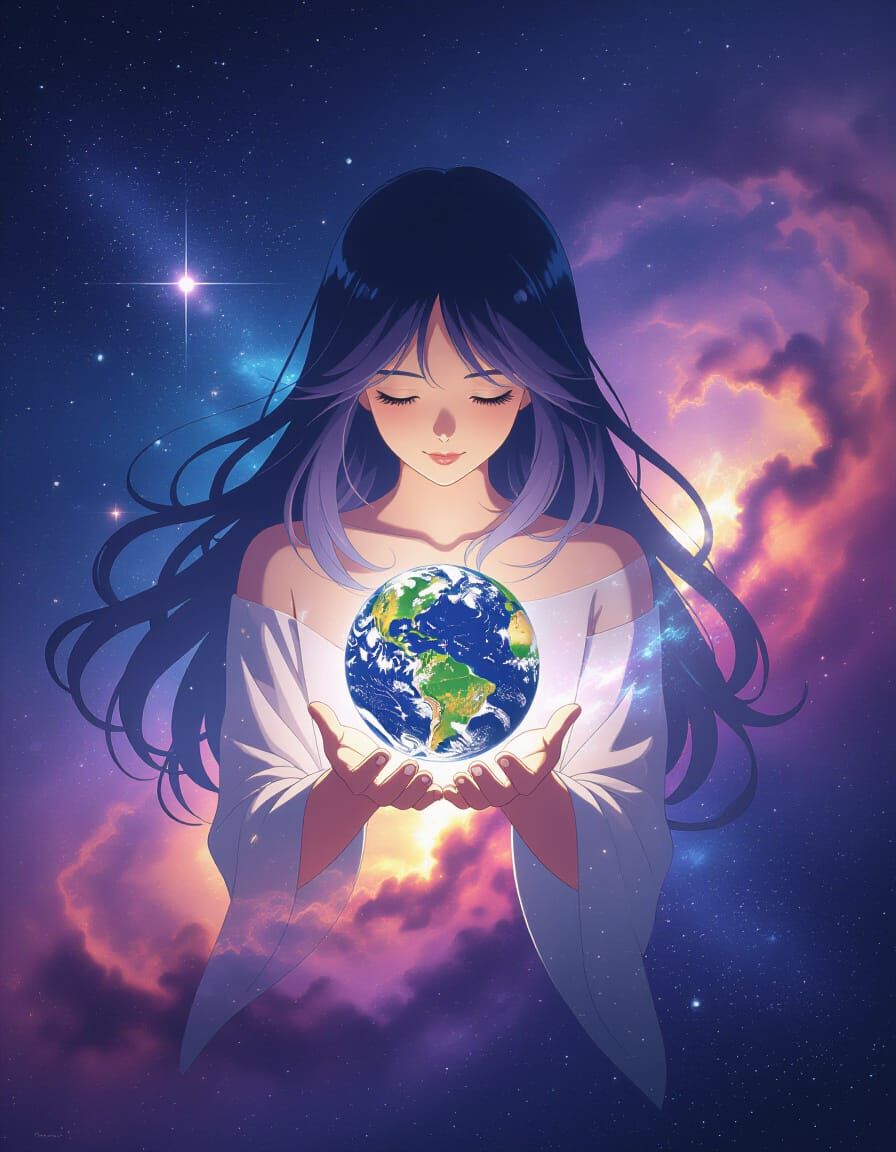 Cosmic Being Holding Futuristic World in Stardust