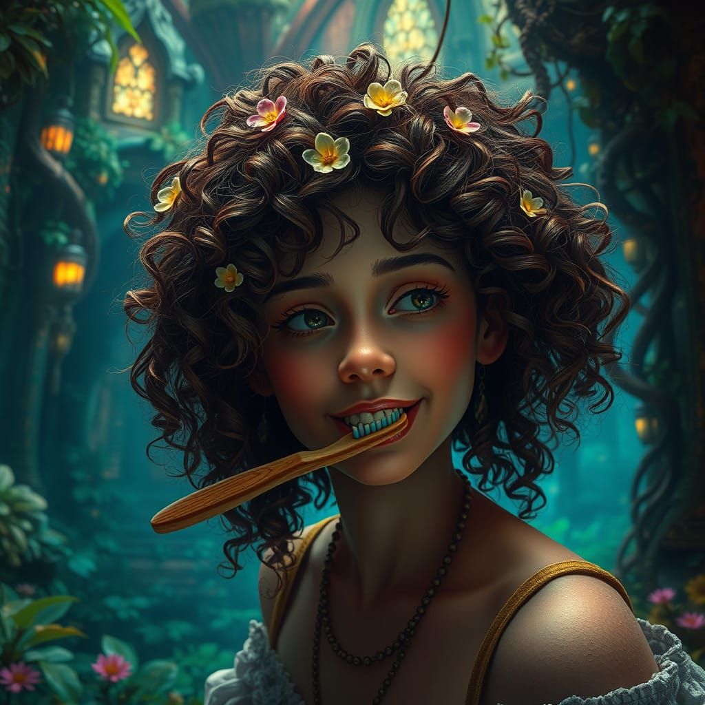 Woman Lost in Dreamlike Environment with Toothbrush in Teeth