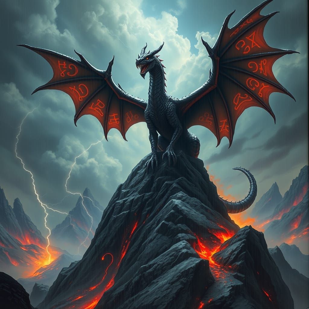 Colossal Dragon on Jagged Peak in Dark Fantasy Style