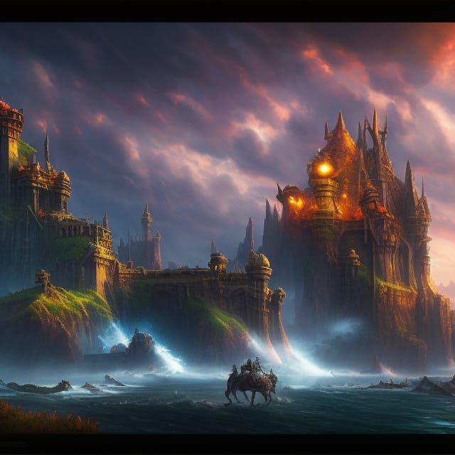 Intricate fantasy castle, fantasy landscape, Sharp contrast, high black point, Deep depth of field, sharp focus, cinemat...