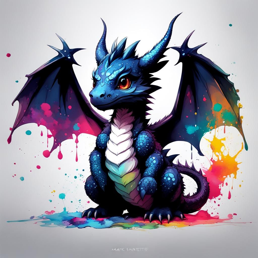 Colorful Ink Splatter Chibi Dragon