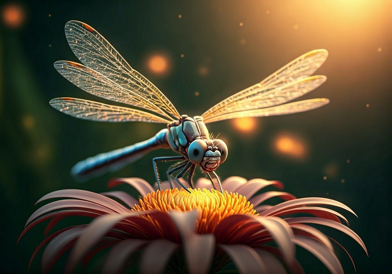 Whimsical Dragonfly Perched on a Lush Flower in a Dreamlike ...