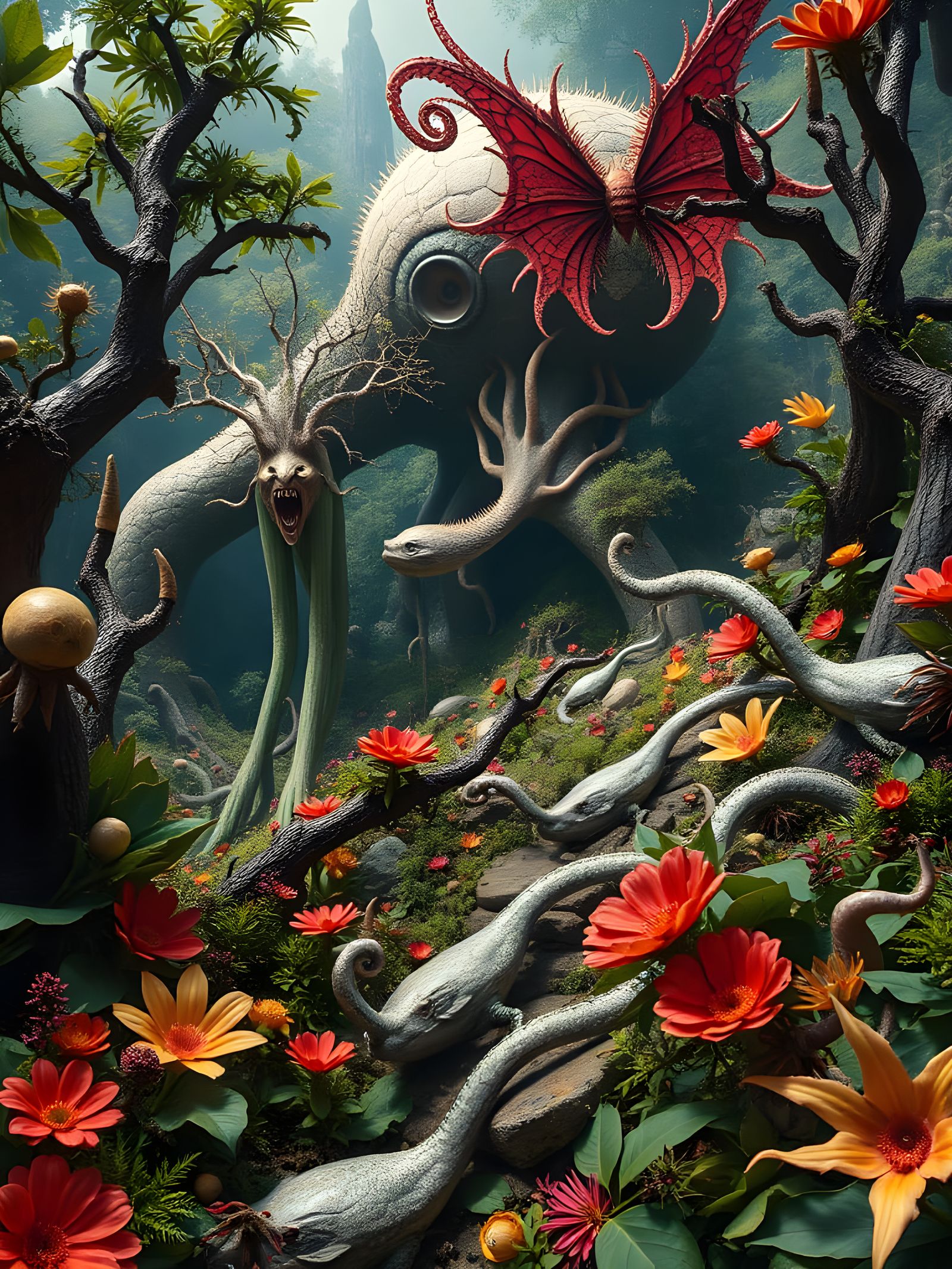 Surreal Nature Scene Inspired by Hieronymus Bosch