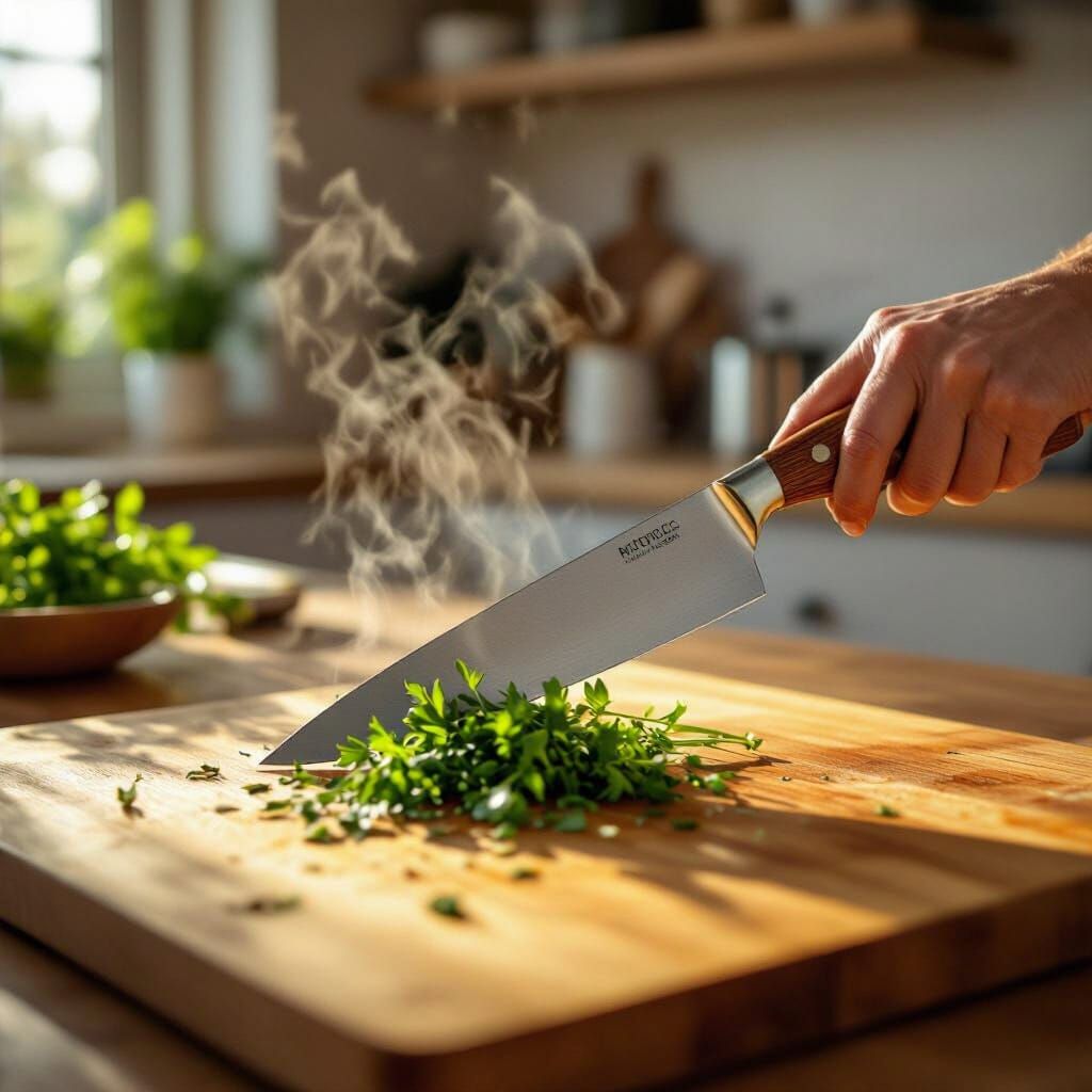 Chef Slices Herbs With Wooden Knife in Warm Backlight