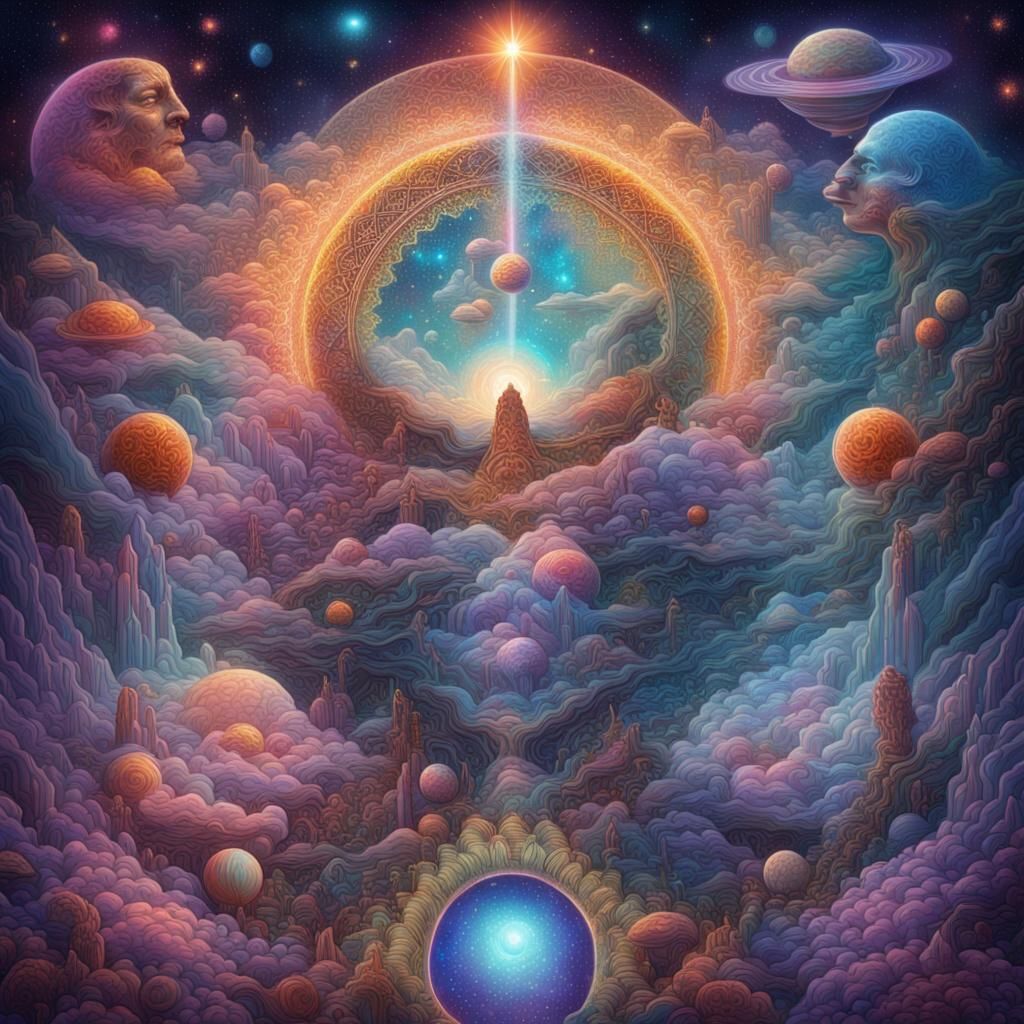 Holographic Cosmic Astral Illustration in Pablo Amaringo Sty...