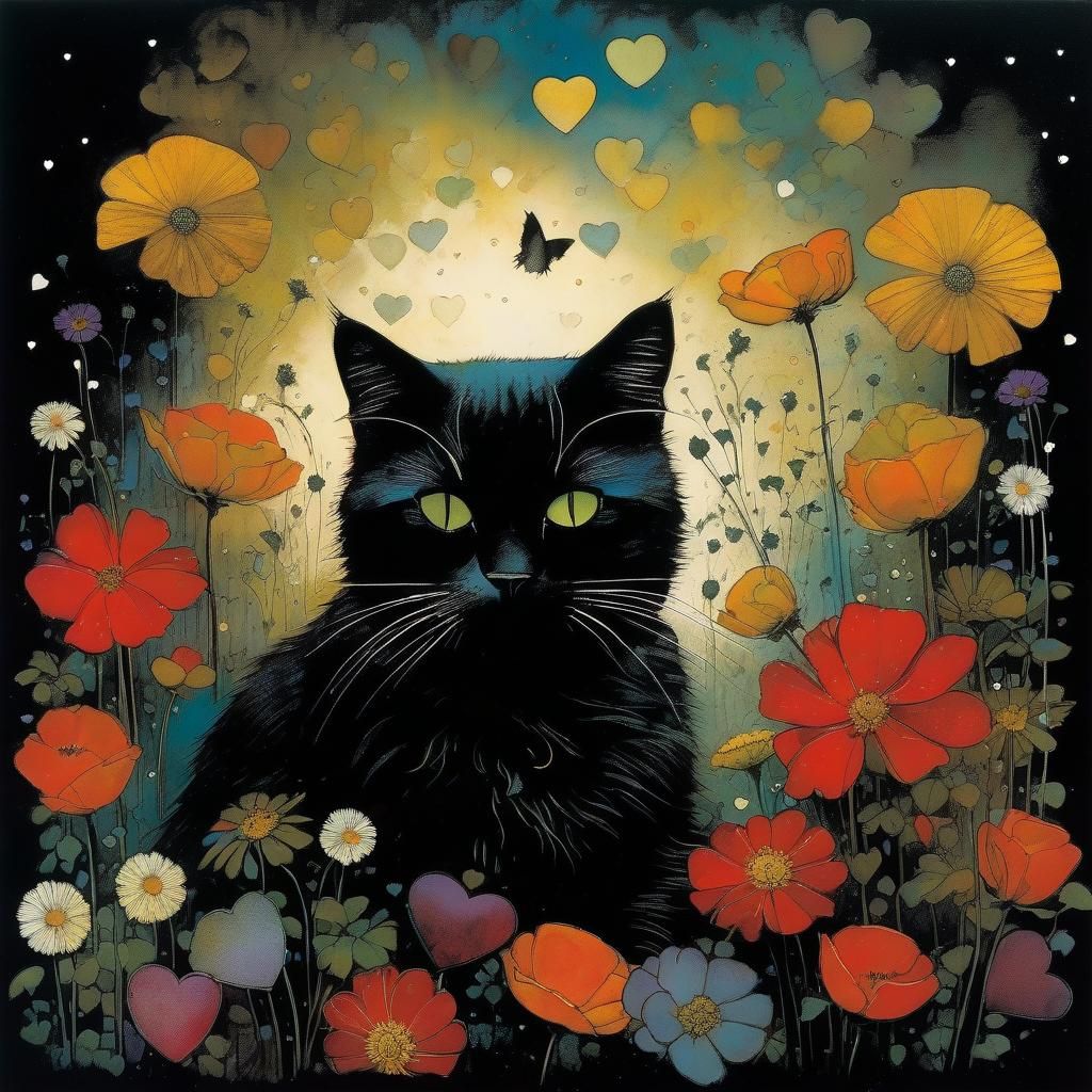 Cat on Pillow with Flowers in Collage Art Style