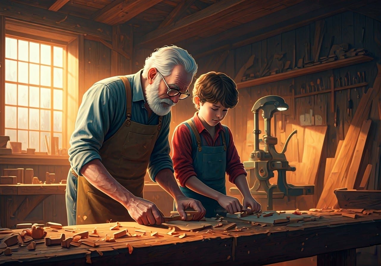 Grandfather and Grandson in a 1890s Woodworking Shop