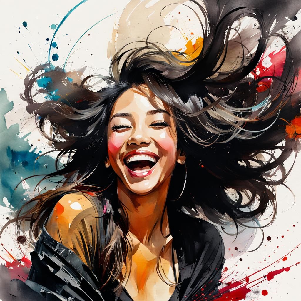 Joyful Laughing Woman in Mixed Media Style