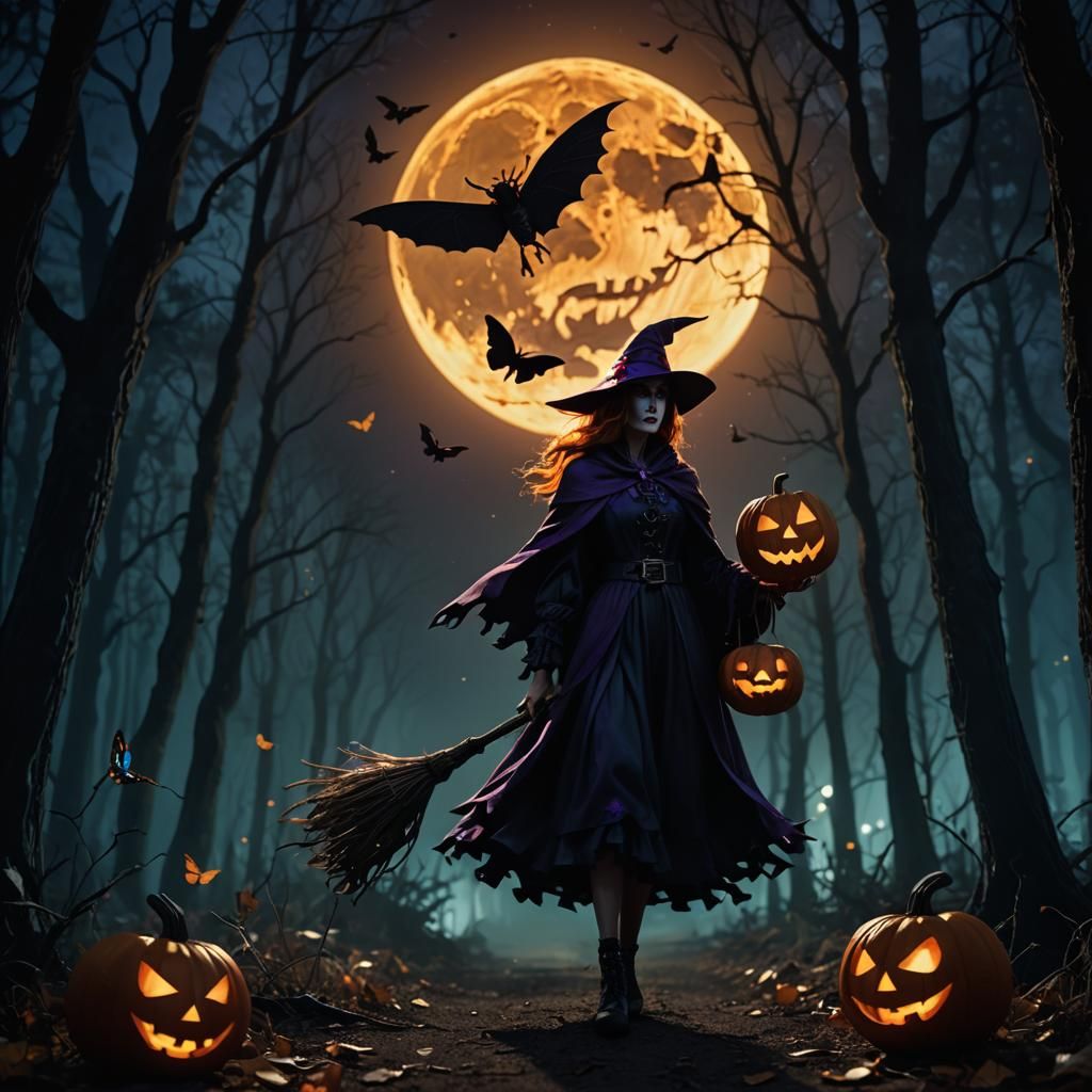 Creepy Witch Flies with Jack-o-Lantern Under Moon