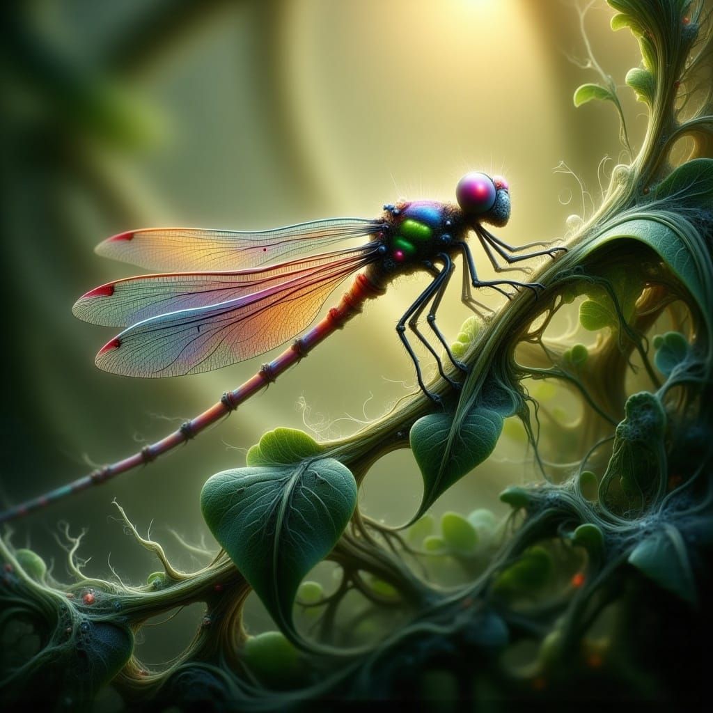 Iridescent Dragonfly in Art Nouveau Style