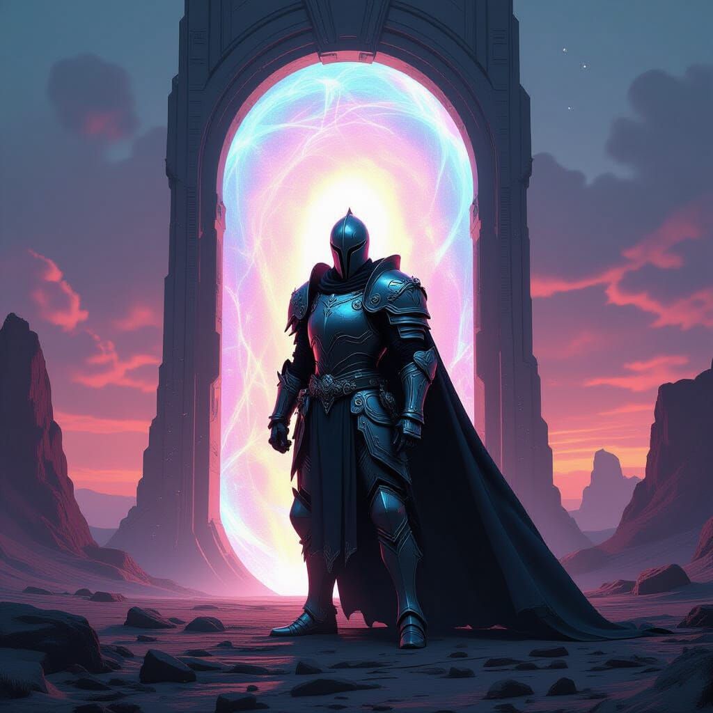 Gothic Knight Guards Alien Portal in Dark Fantasy Art
