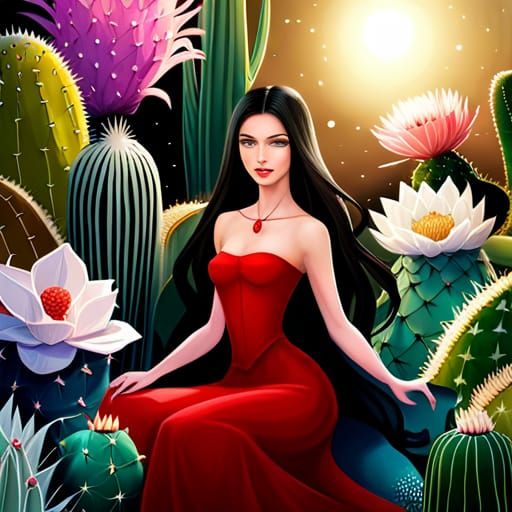Woman in Red Dress in Mystical Cactus Garden