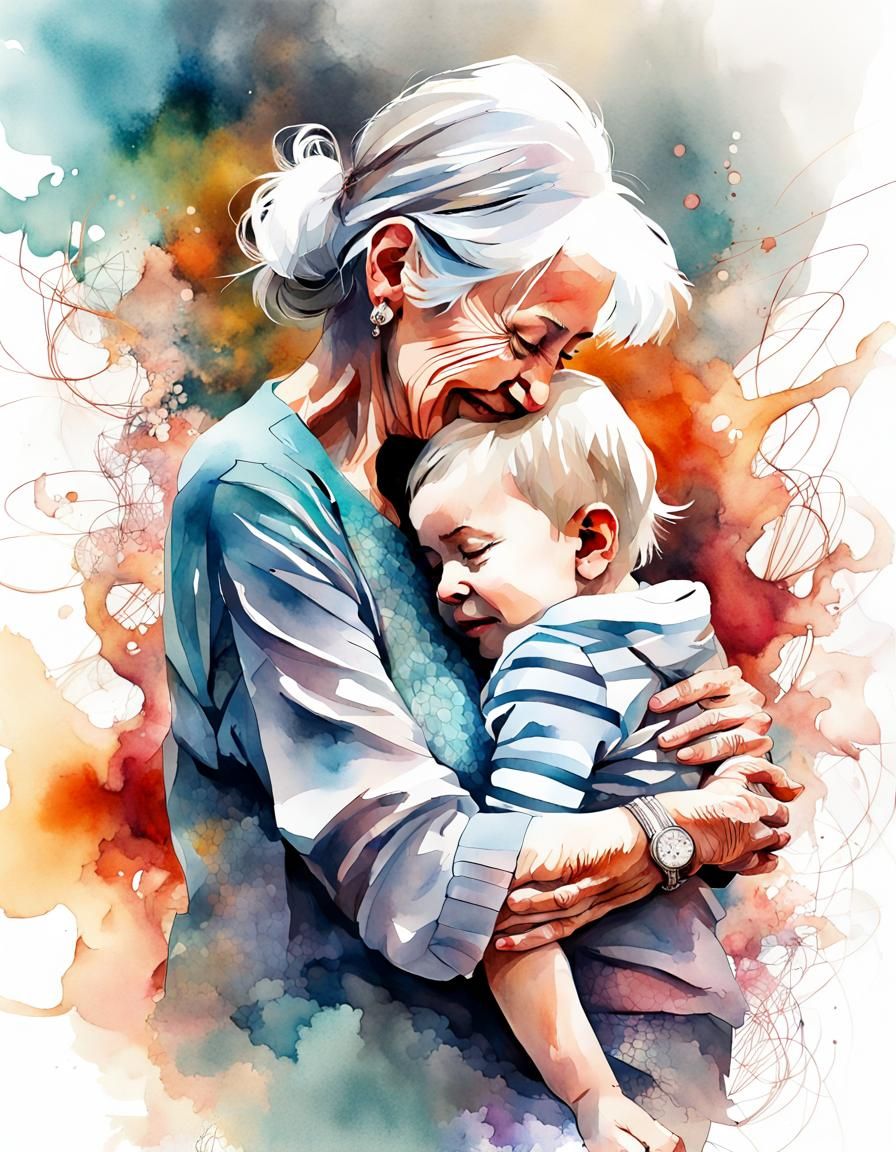 Watercolor Grandma and Grandchild Portrait