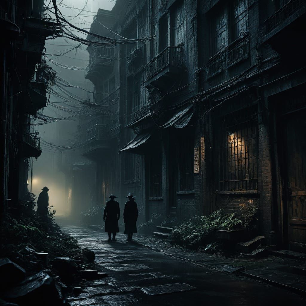 Moody Noir Fantasy Art in Misty Alleyway