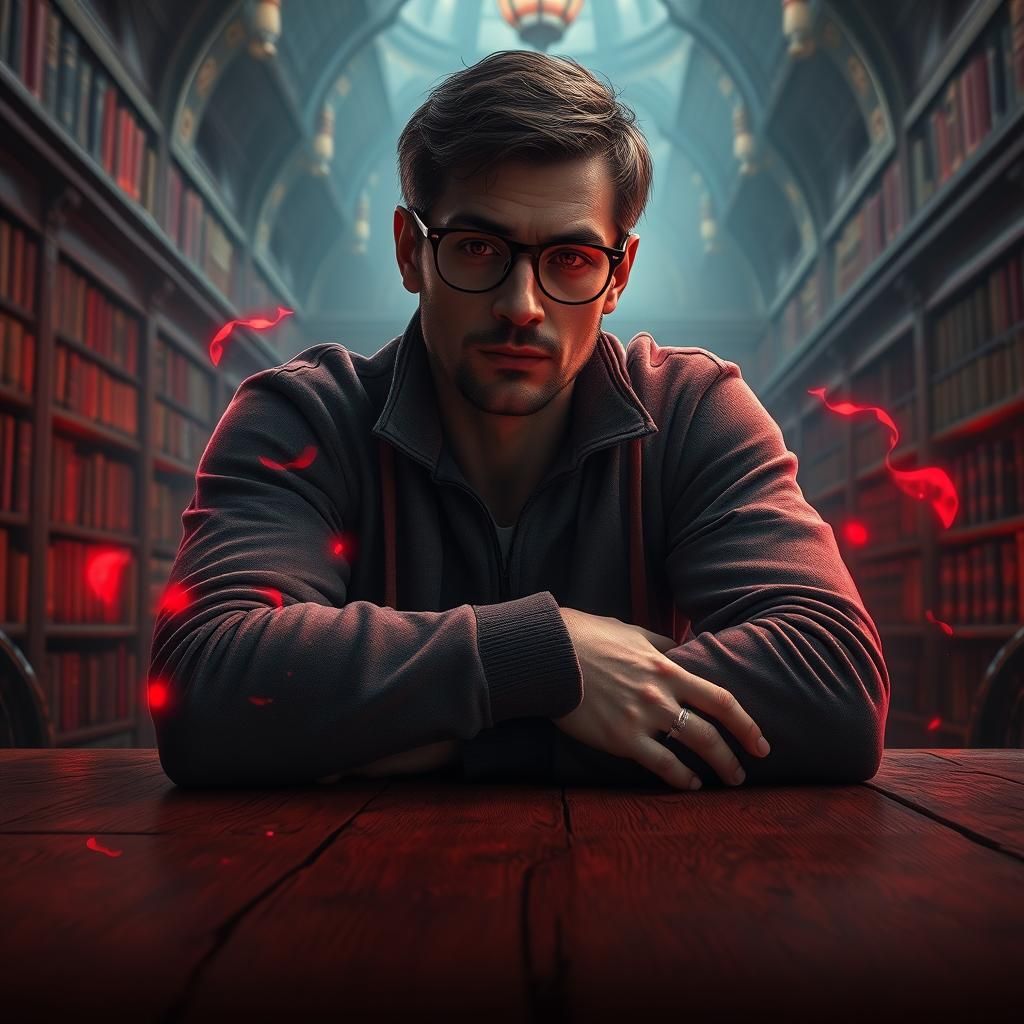 Man with Glowing Red Eyes in Mystical Library