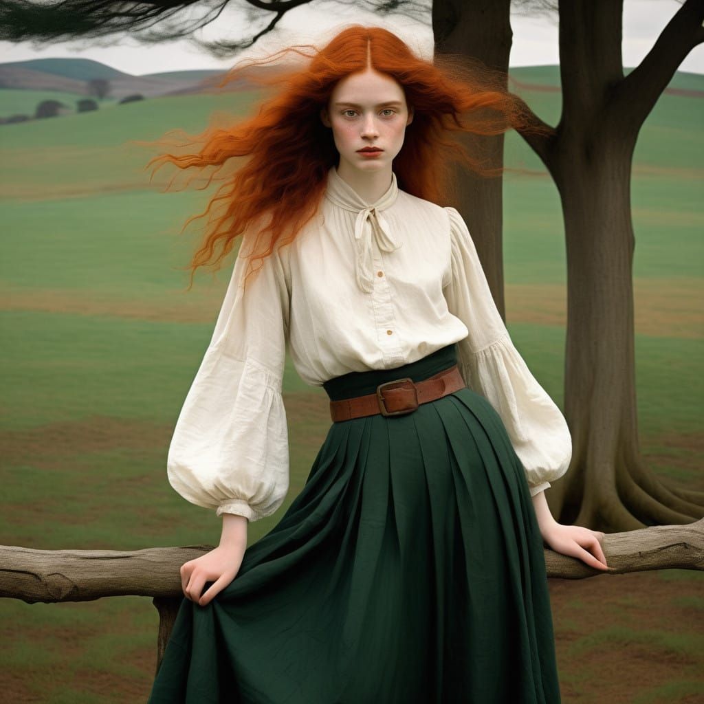 A Woman with Fiery Red Hair in Pre-Raphaelite Style