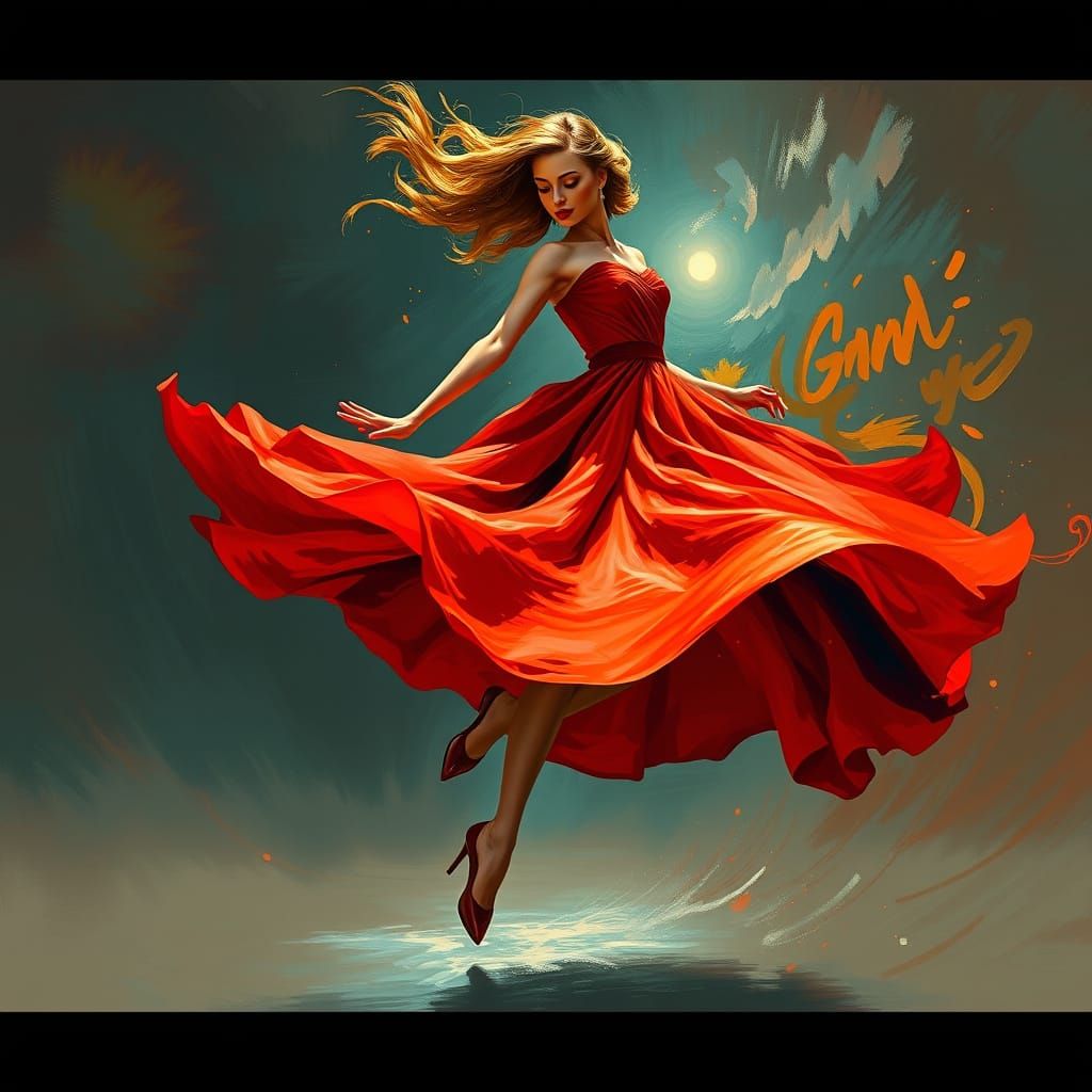 Woman in Flowing Red Dress Twirling
