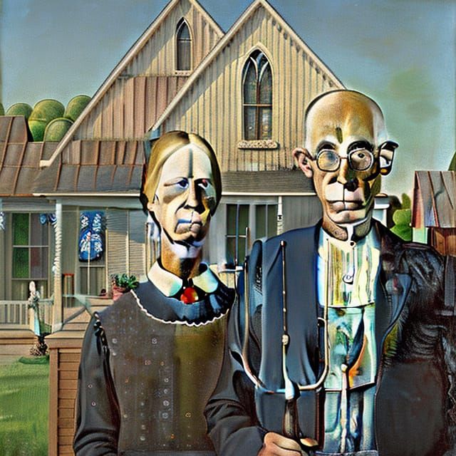 Grant Wood's American Gothic Claude Monet split-complementary colors intricate elaborate colorful Kandinsky