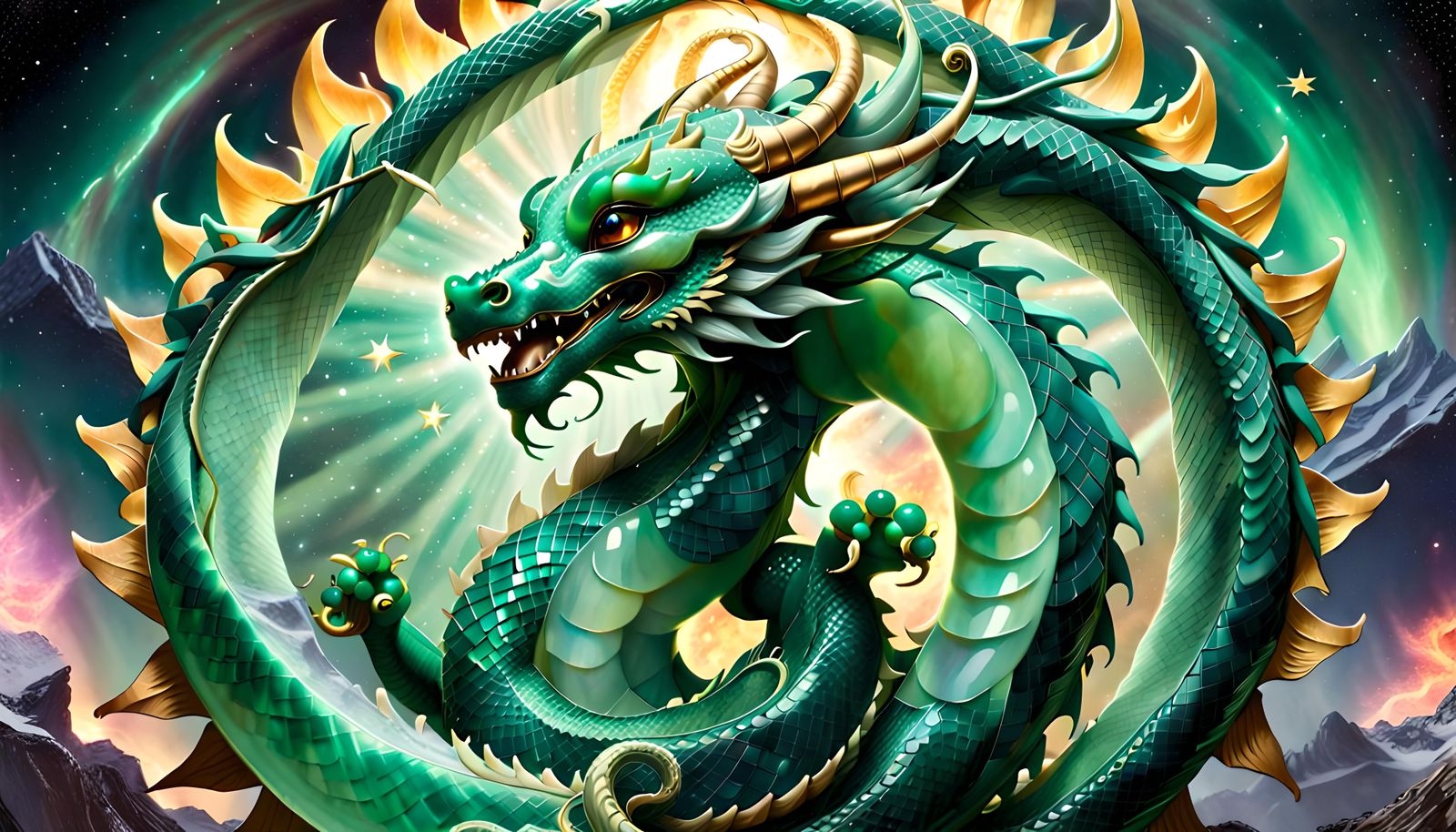 Jade Dragon Goddess Nuwa in Cosmic Auroras