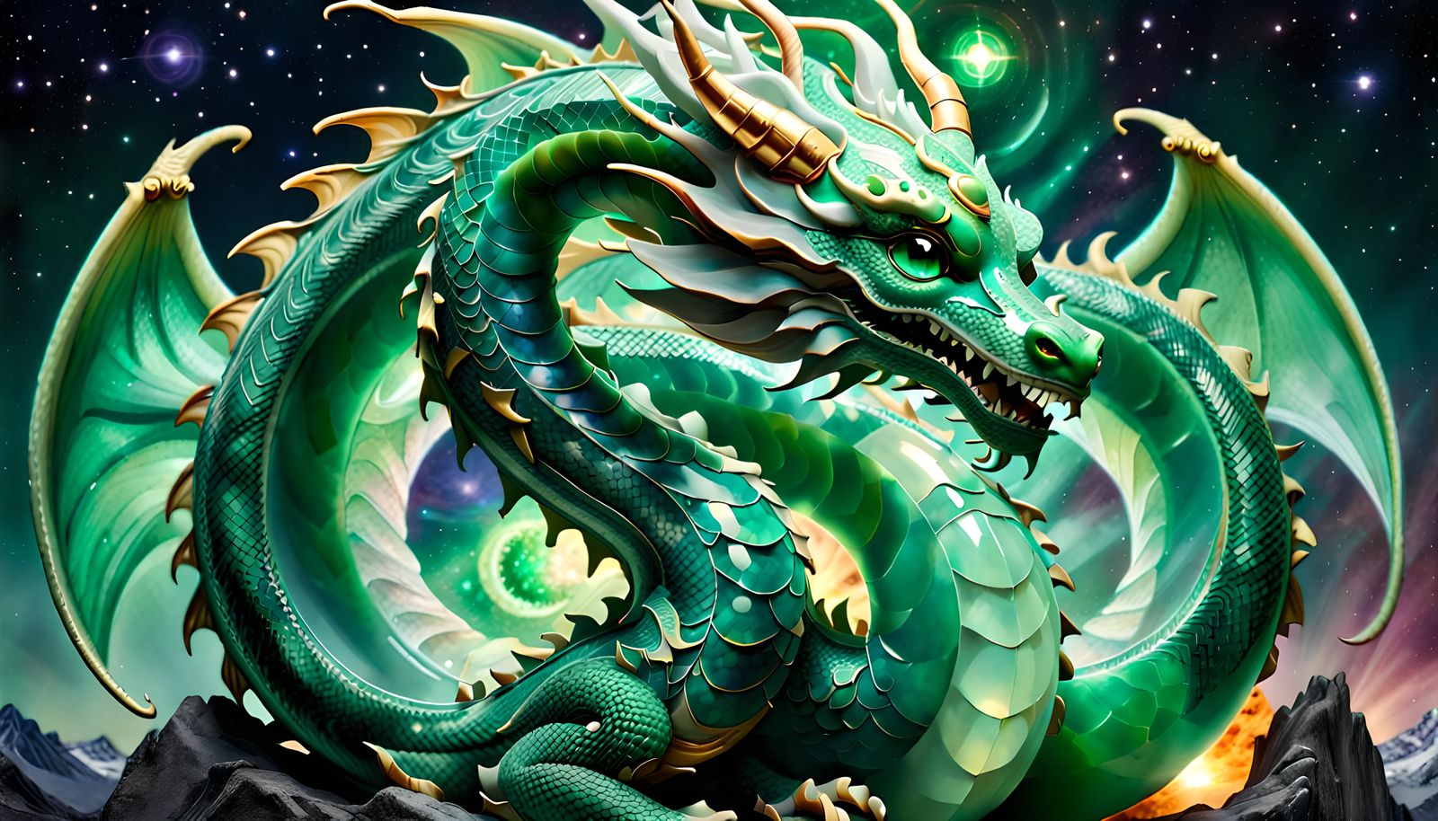 Jade Dragon Goddess NuWa in Center of Cosmos