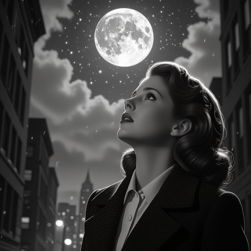 1940s Film Noir Detective Gazes at Moon in Black and White