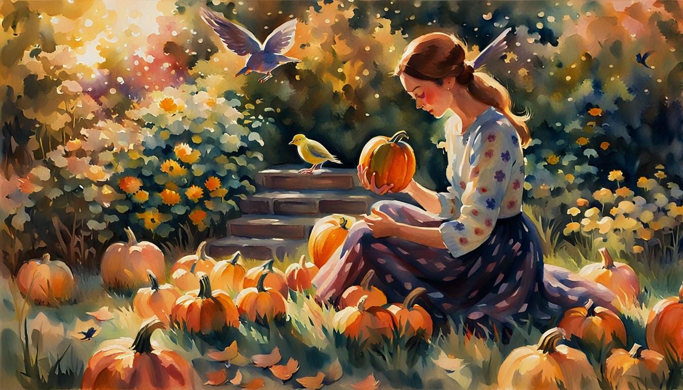 Impressionist Watercolor: Woman Carving Pumpkin at Golden Ho...