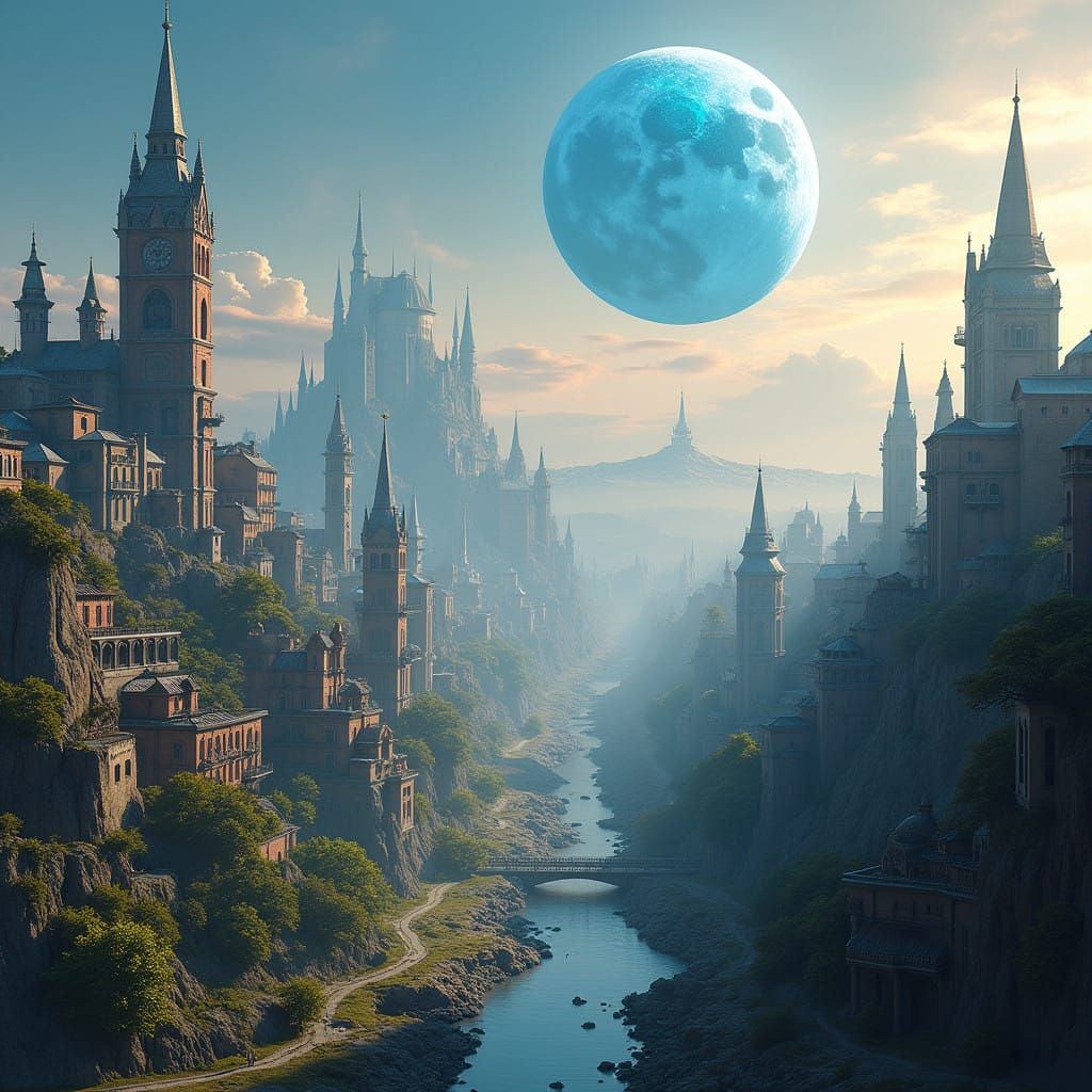 Surreal Steampunk Metropolis Under Twin Suns