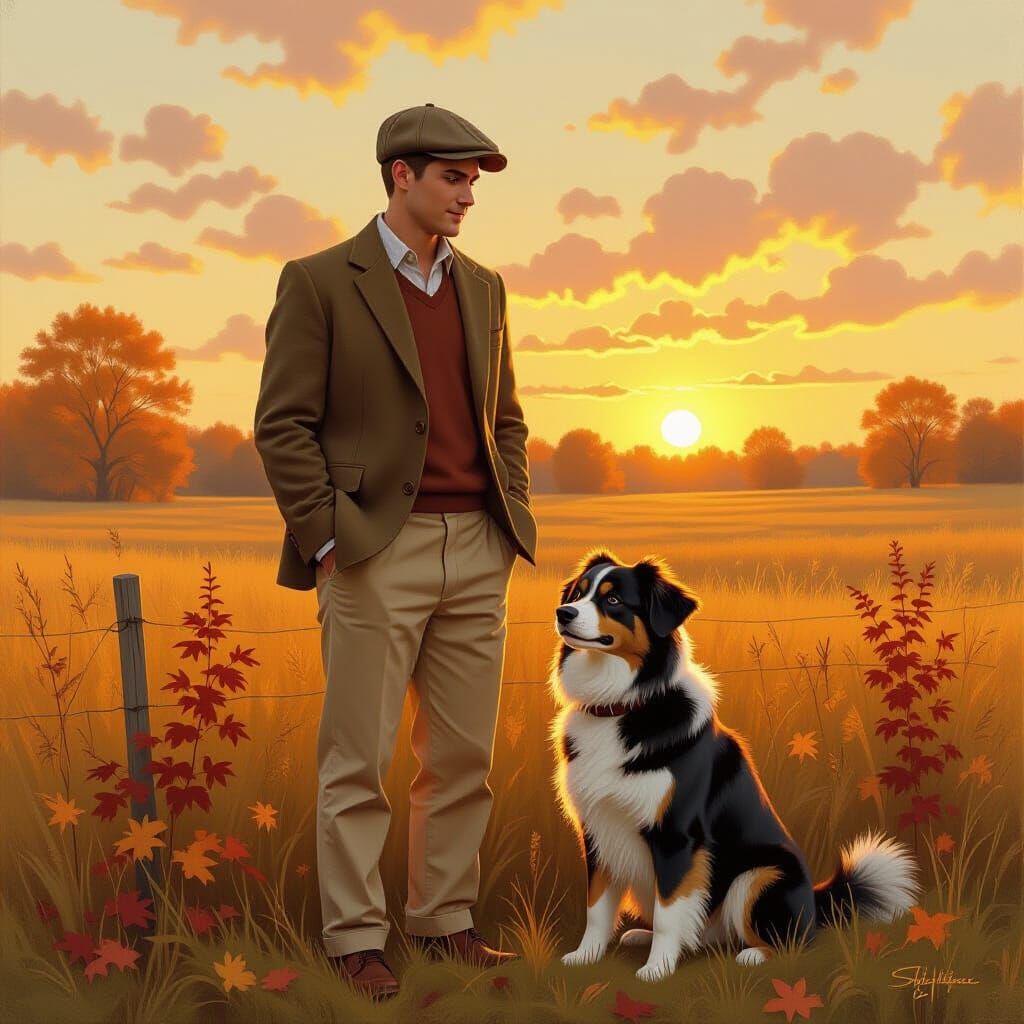 Autumnal Portrait of Man and Dog in Impressionist Style